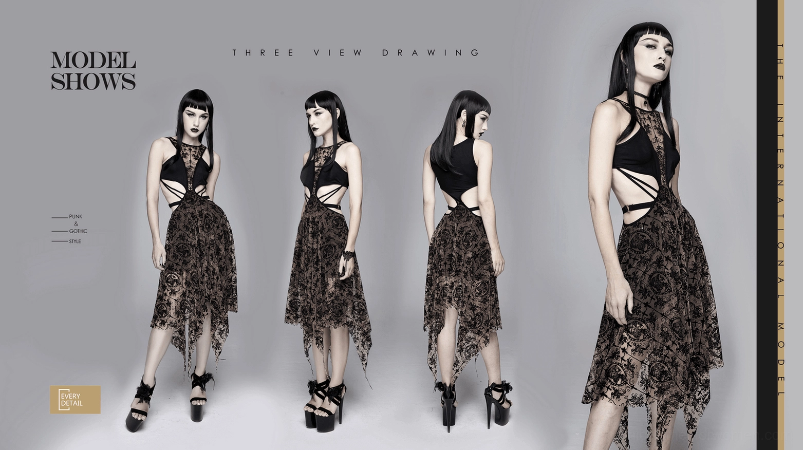 Black gothic vintage dress details - irregular hemline and overall silhouette demonstration