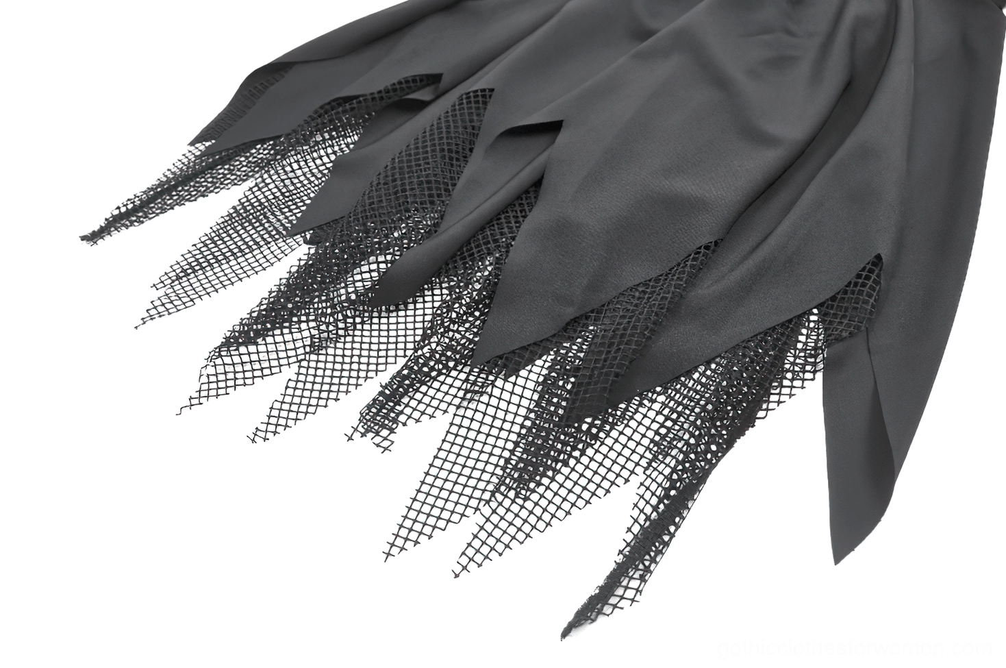 Black gothic mini dress with fishnet jagged hem showing deconstructed layered mesh border and overall dress silhouette detail