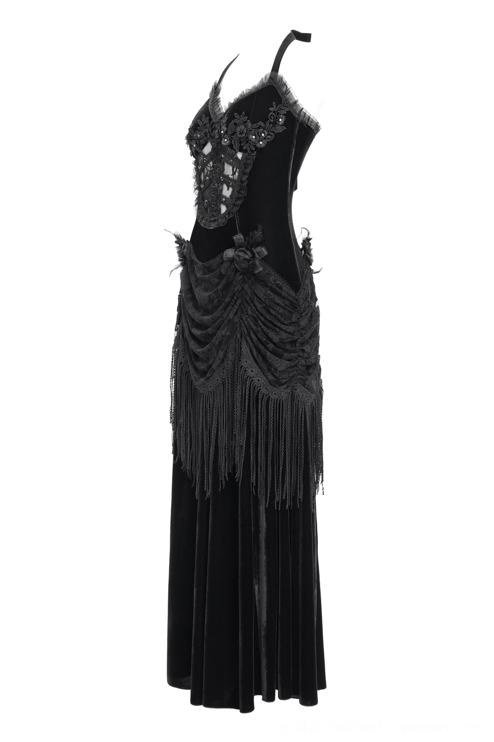 Gothic black velvet dress showing lace appliqué bodice and draped front design
