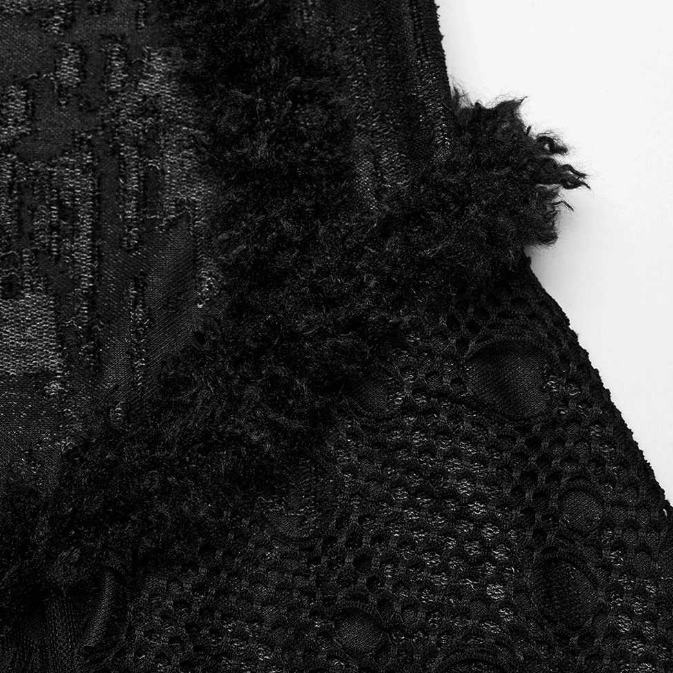 Close-up macro shot of gothic lace fabric texture showing layered lace patterns, frayed edges and mixed textile details