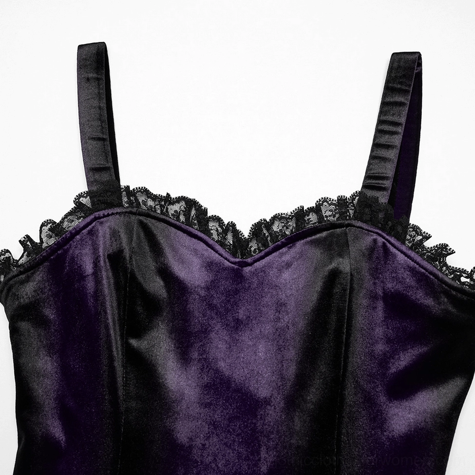 Black lace-trimmed sweetheart neckline on purple velvet gothic dress - detail shot