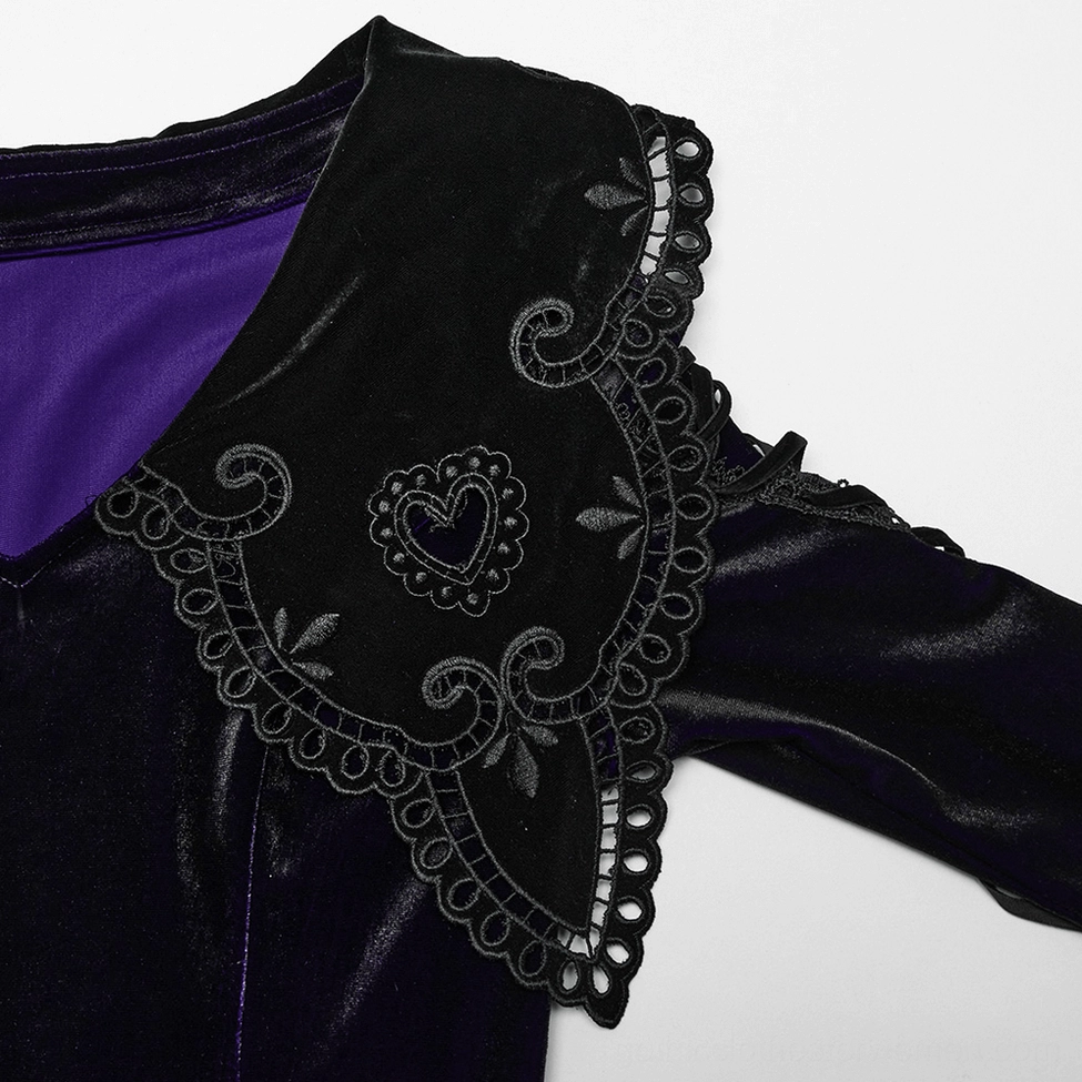 Purple velvet gothic dress sleeve detail showing lace trim and crisscross lace-up upper arm straps
