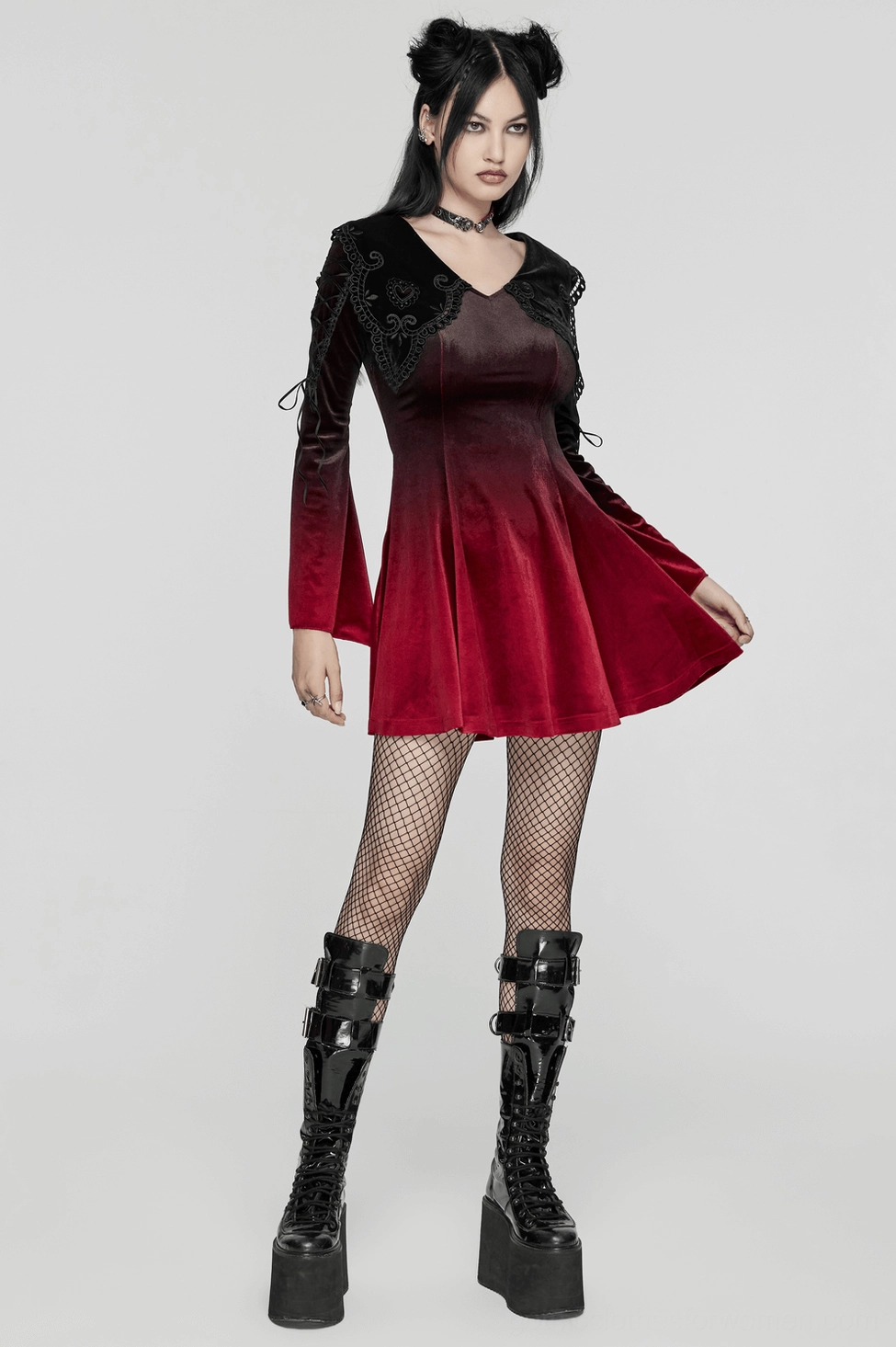 Burgundy gothic velvet dress lace sleeve detail and upper arm straps showing delicate embroidered lace construction