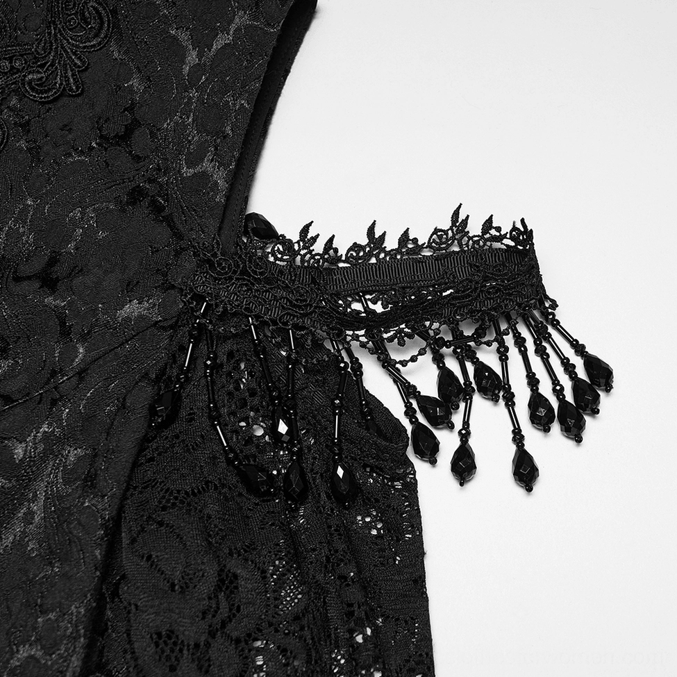 Close-up detail of black gothic dress trim and embellishment, showcasing delicate lace trim, dangling crystal bead tassels, and intricate beaded embroidery work