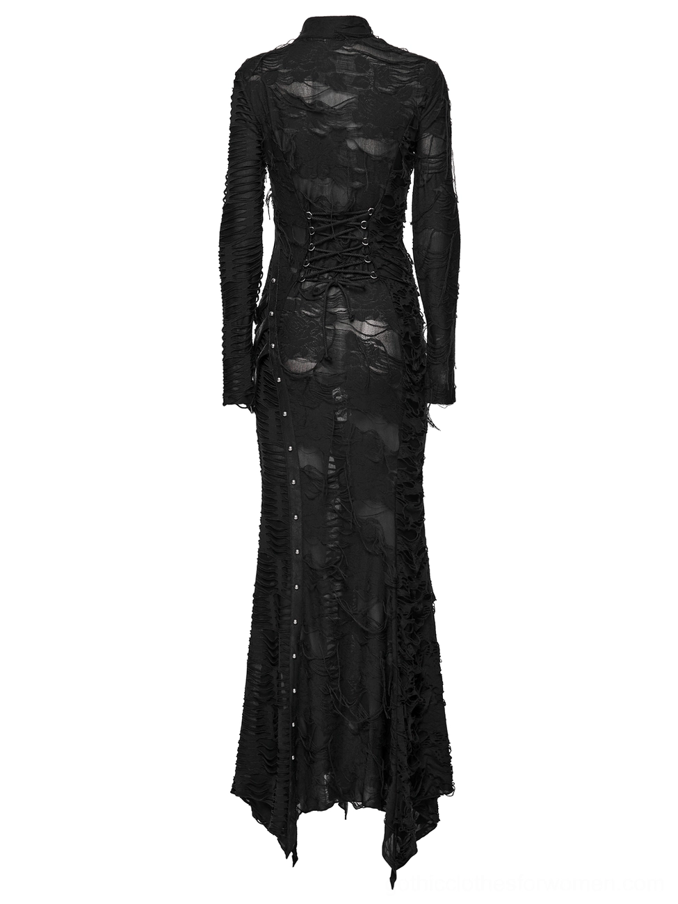 Black asymmetric gothic maxi dress back view on mannequin showing lace-up corset back design