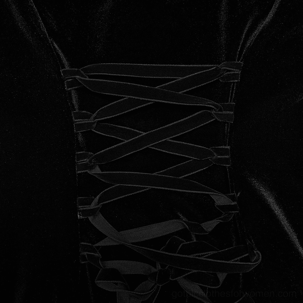 Close-up back view of black gothic dress showing corset-style lace-up closure and velvet fabric texture
