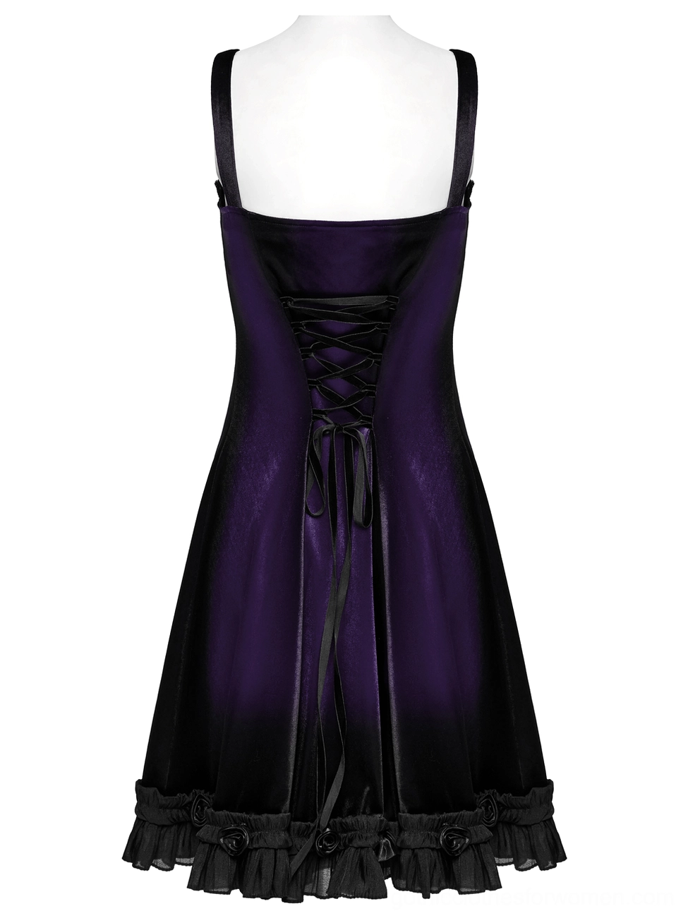 Back view of purple gothic velvet dress showing lace-up corset back and ruffled rose hem