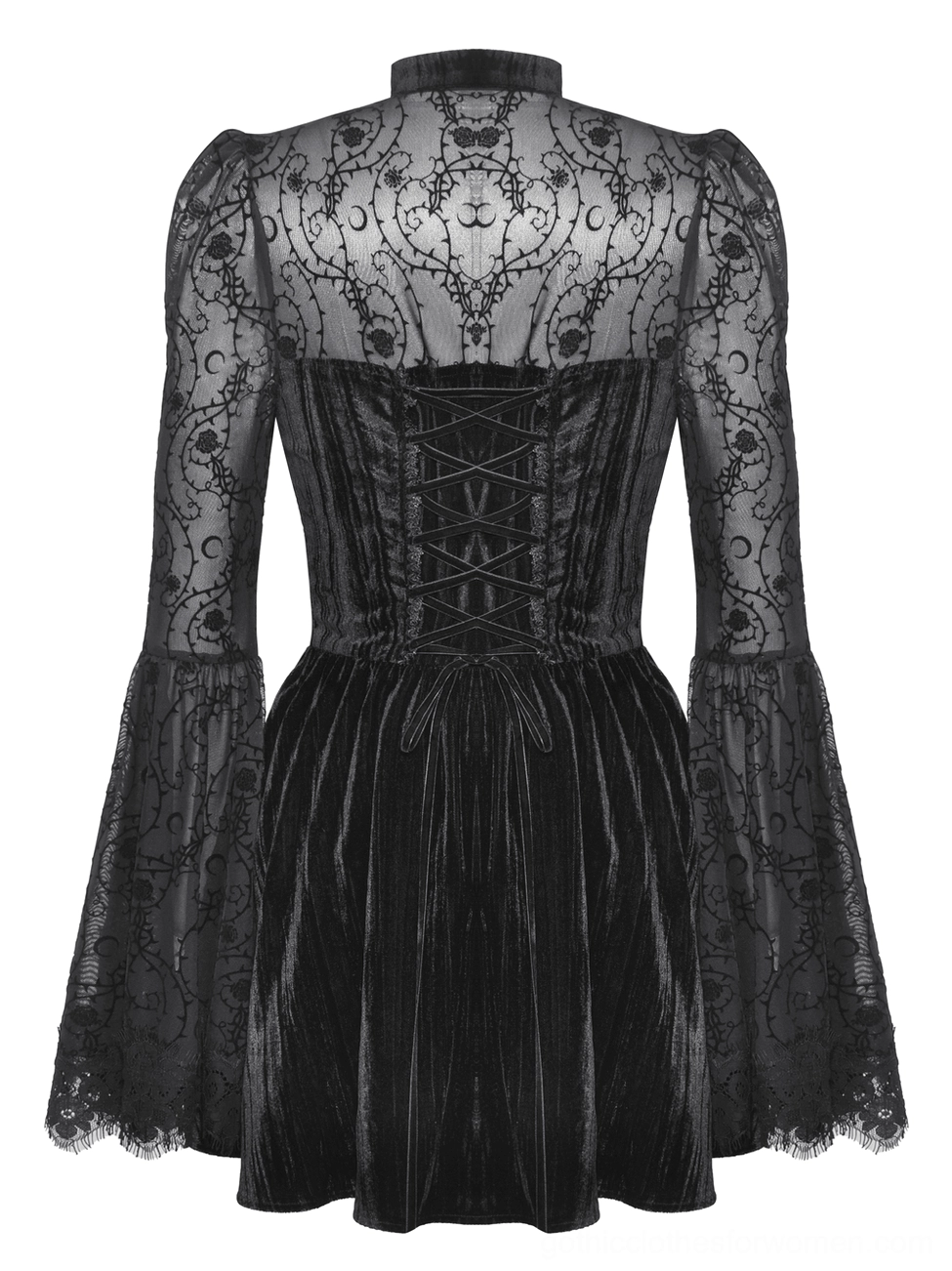 Black gothic lace dress with lace-up corset back and sheer lace yoke - flat lay back view