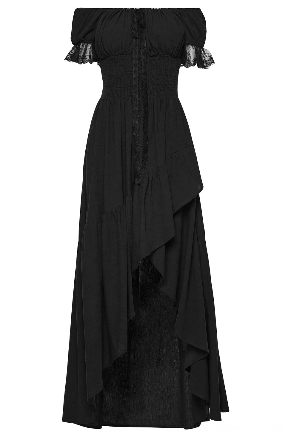 Gothic high-low maxi dress flat lay showing front lace-up closure and lace-trimmed short sleeves
