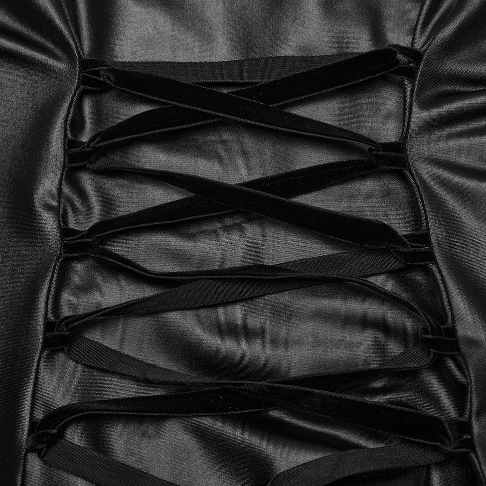 Close-up detail of black cross ribbon lace-up construction on gothic dress back