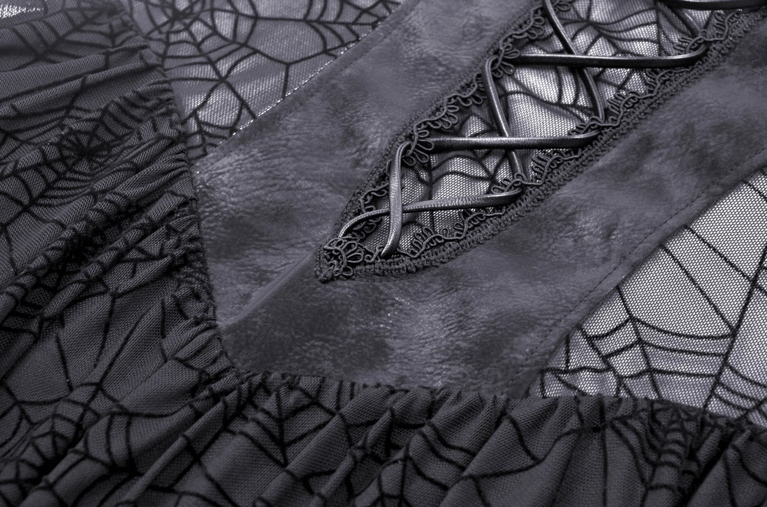 Close-up of gothic dress lace-up bodice detail with mesh fabric, ruffled trim, and spiderweb pattern