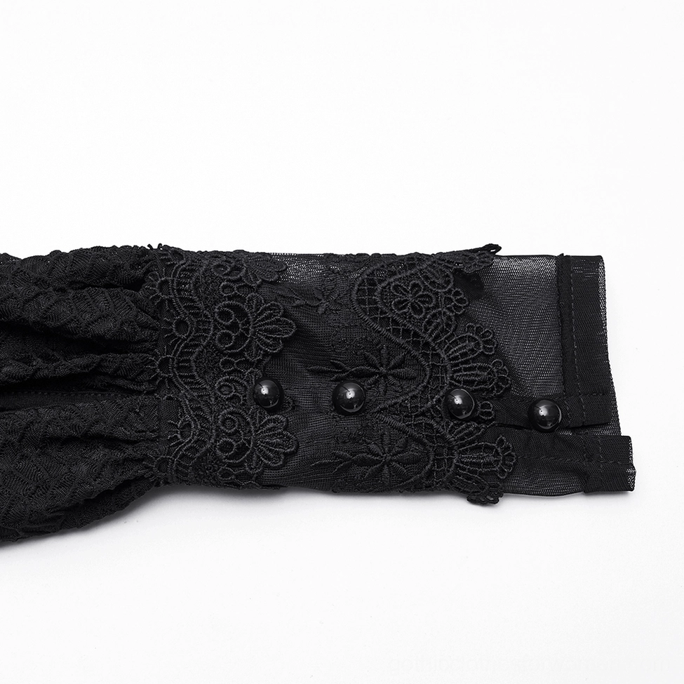 Black gothic dress sleeve cuff detail - floral lace embroidery and button closure on mesh fabric