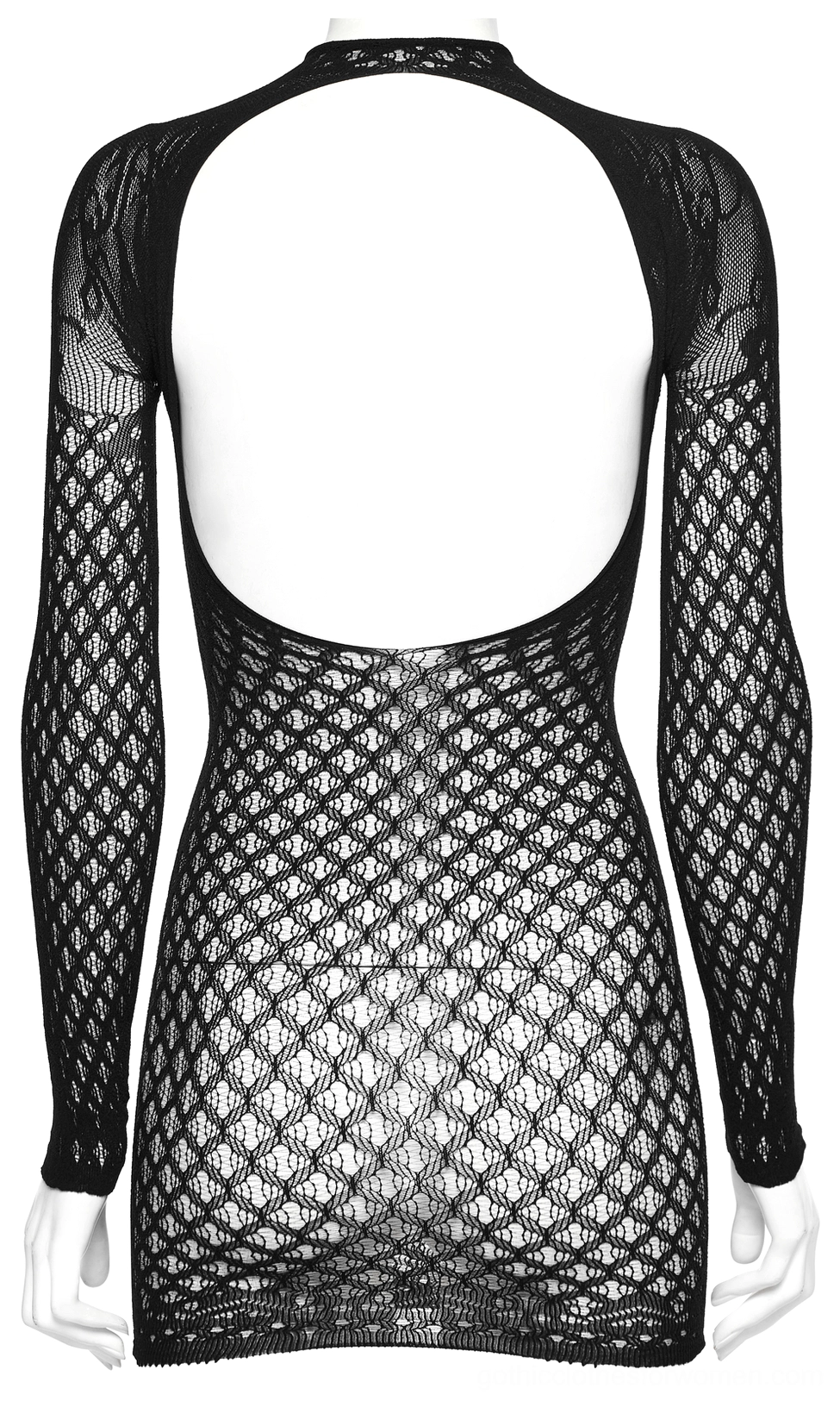 Victorian gothic mesh dress back flat product shot featuring large open cut-out back design on dress form