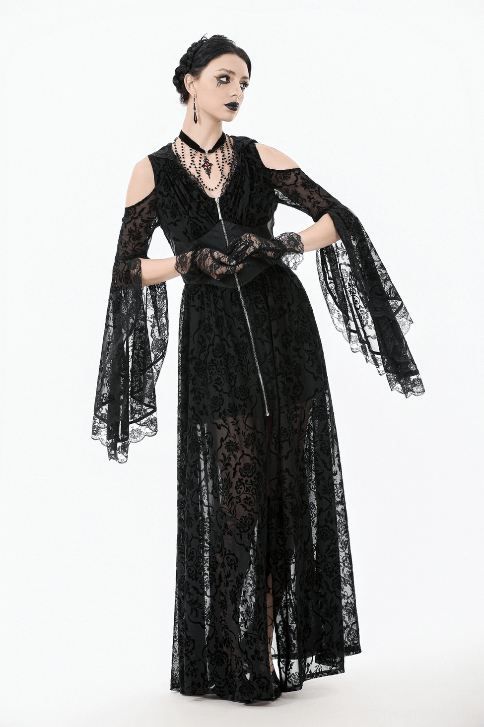 Black lace gothic maxi dress layered skirt design showing sheer and opaque lace tiers