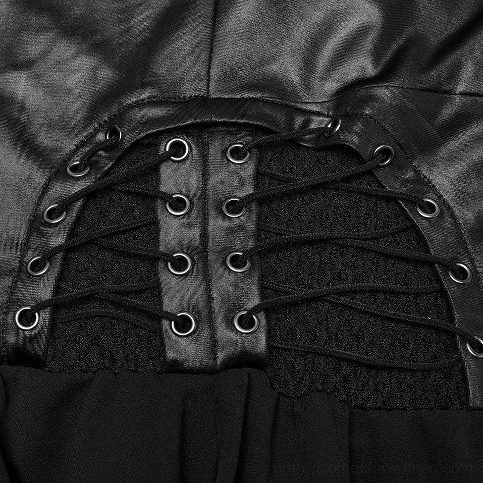 Black gothic dress display emphasizing the contrast between fitted faux leather bodice and flowing chiffon skirt layers