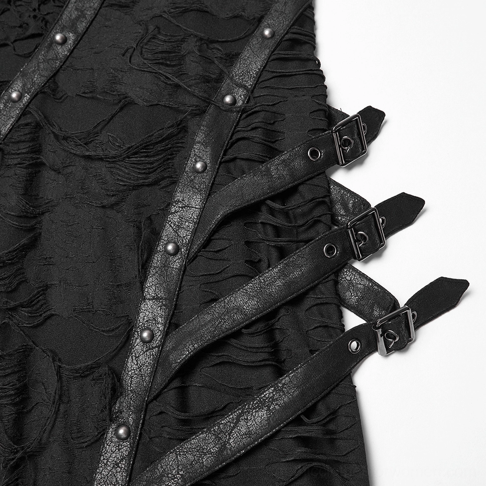Close-up detail of black gothic dress side strap trim with leather buckled straps and metal studs