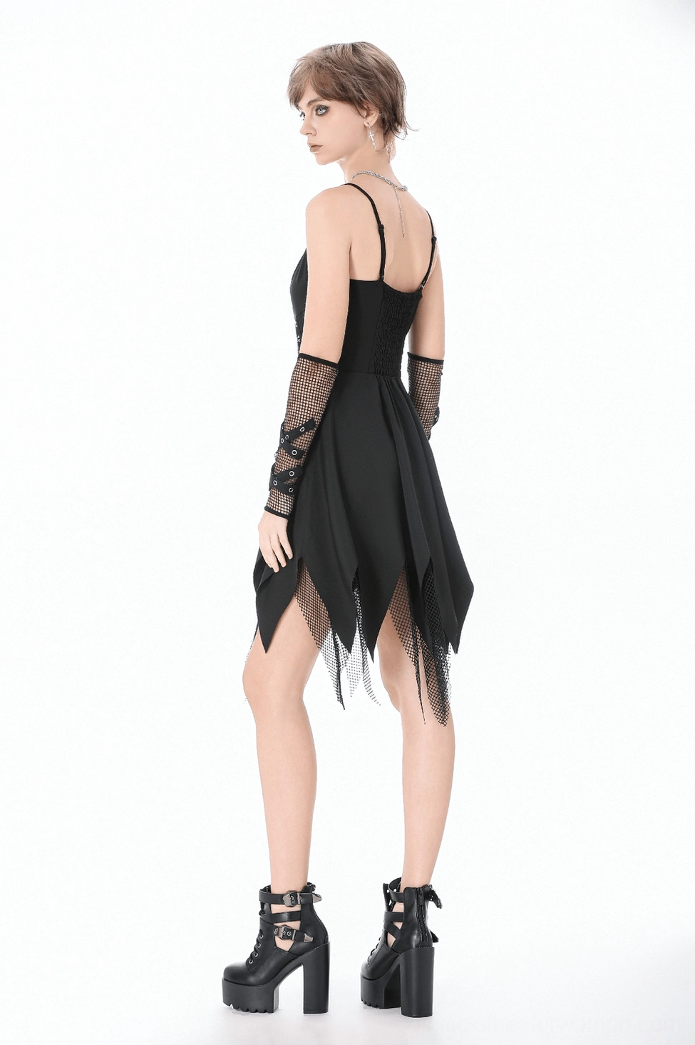 Black gothic mini dress lifestyle photo showing alternative fashion styling with complementary accessories and dramatic studio lighting