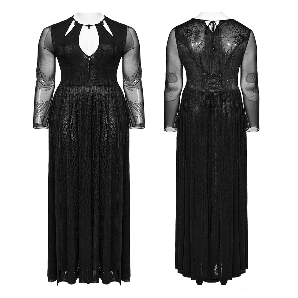 Black gothic mesh dress on mannequin front view with spiked collar, cutout neckline and corset bodice