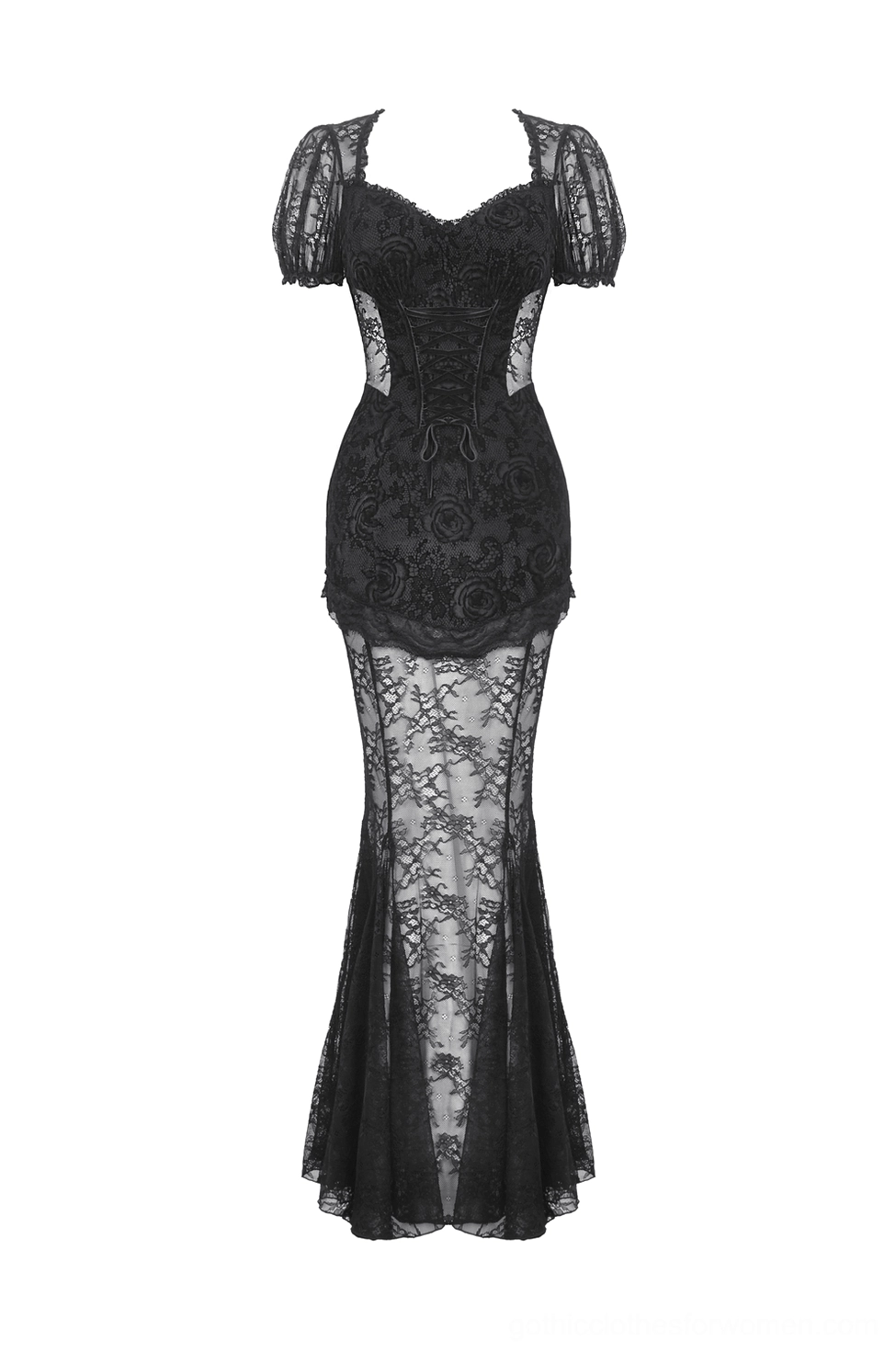 Black gothic mermaid dress on mannequin showing front view, puff short sleeves, fitted corset top, and dramatic sheer lace skirt