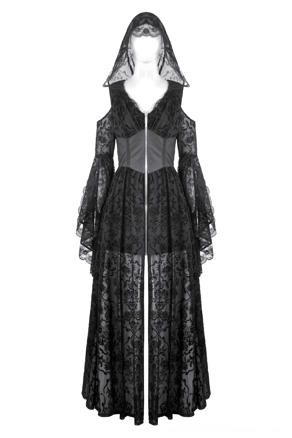 Black lace hooded gothic maxi dress on dress form showing hooded neckline floral lace fabric and front zip