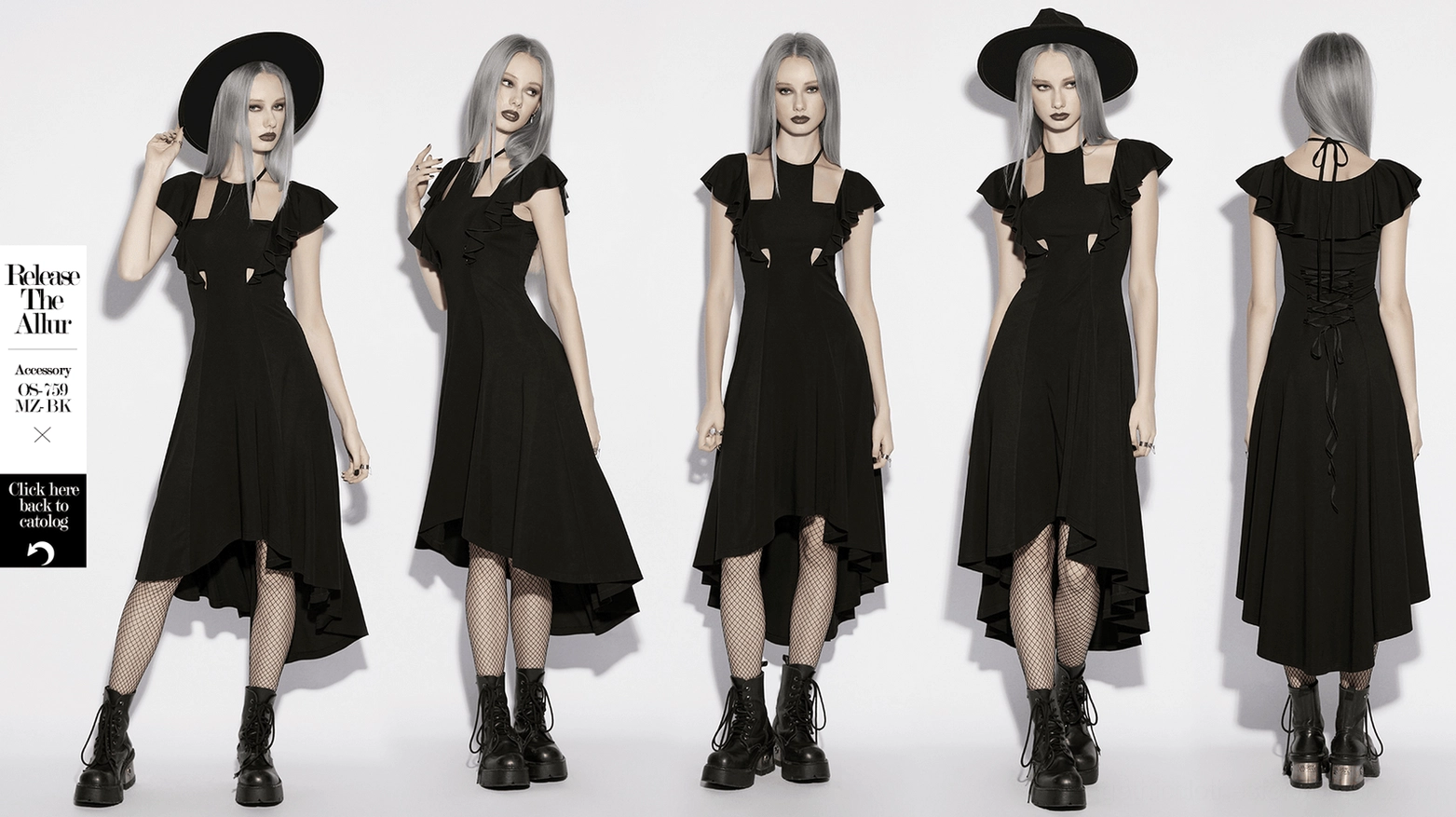 Black gothic dress size comparison and overall proportions on mannequin - fit guide reference