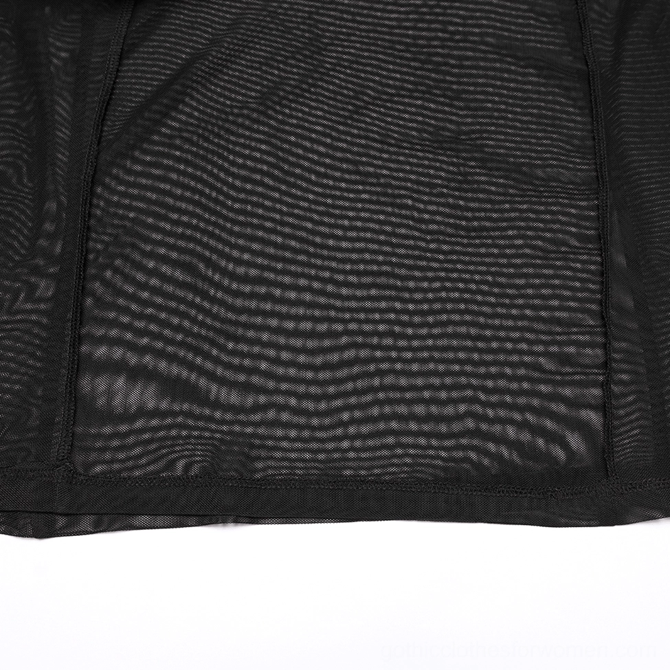 Macro detail view of black gothic dress semi-transparent mesh fabric showing horizontal striped texture pattern