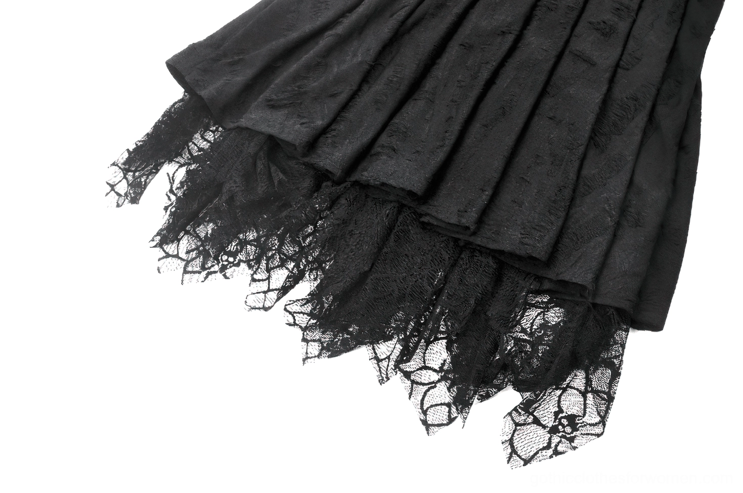Black gothic lace corset dress detail showing mesh spiderweb hem and intricate lace construction