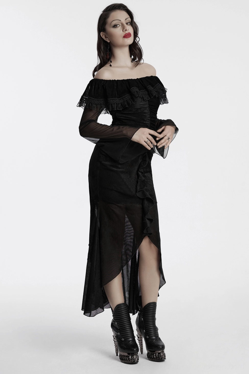 Gothic fishtail dress elegant drape detail showing mesh transparency and fabric movement