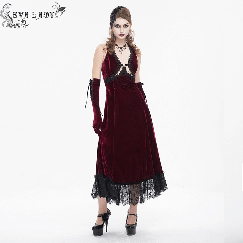 Black floral lace and metal chain details on burgundy velvet gothic dress, jewelry-like embellishment close-up