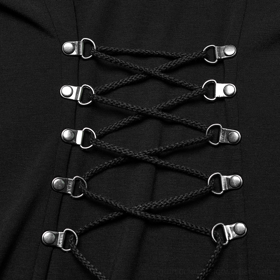Close-up of metal eyelet and braided corset lace-up back detail on black gothic maxi dress