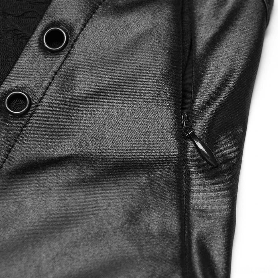 Gothic fishtail dress close-up of metal hardware including eyelet buttons and industrial zipper fastener