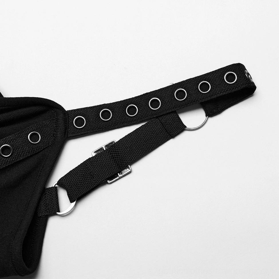 Metal hardware close-up of gothic mini dress including adjustable buckle, D-ring eyelets, and strap fasteners
