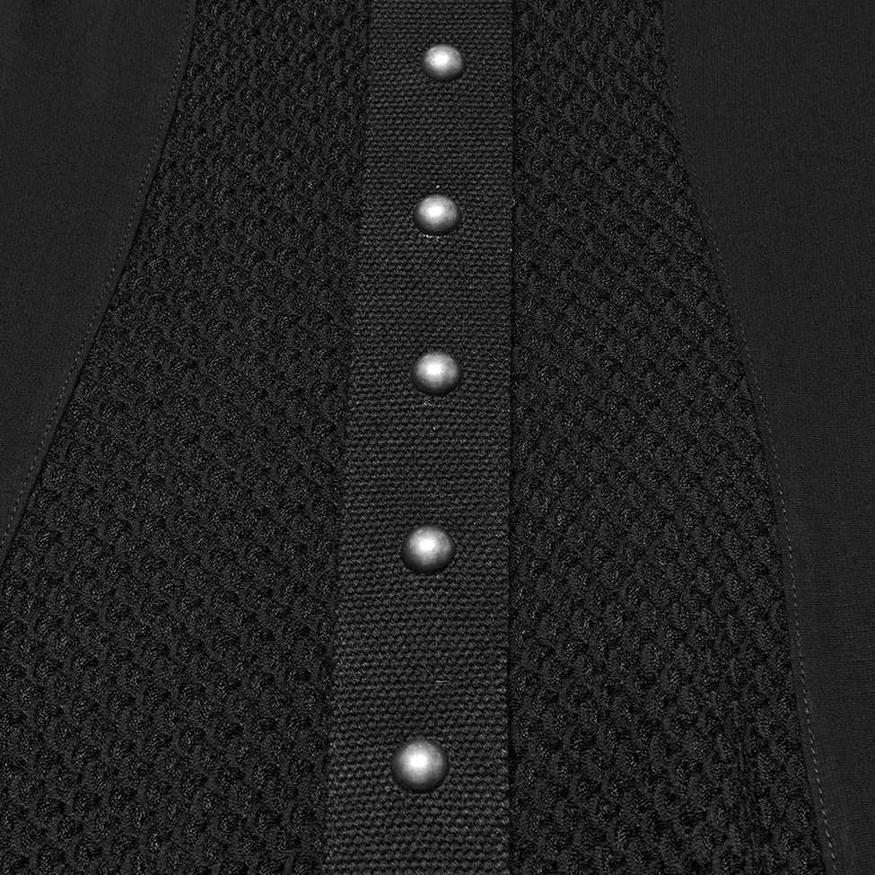Close-up of black mesh and metal rivet details on gothic hooded dress showing silver stud embellishments