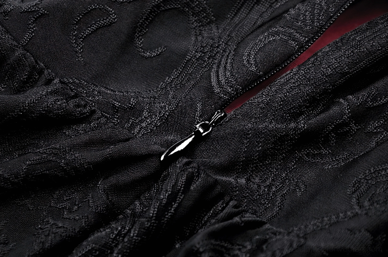 Gothic cold shoulder dress zipper detail - metal side zip with paisley embossed fabric