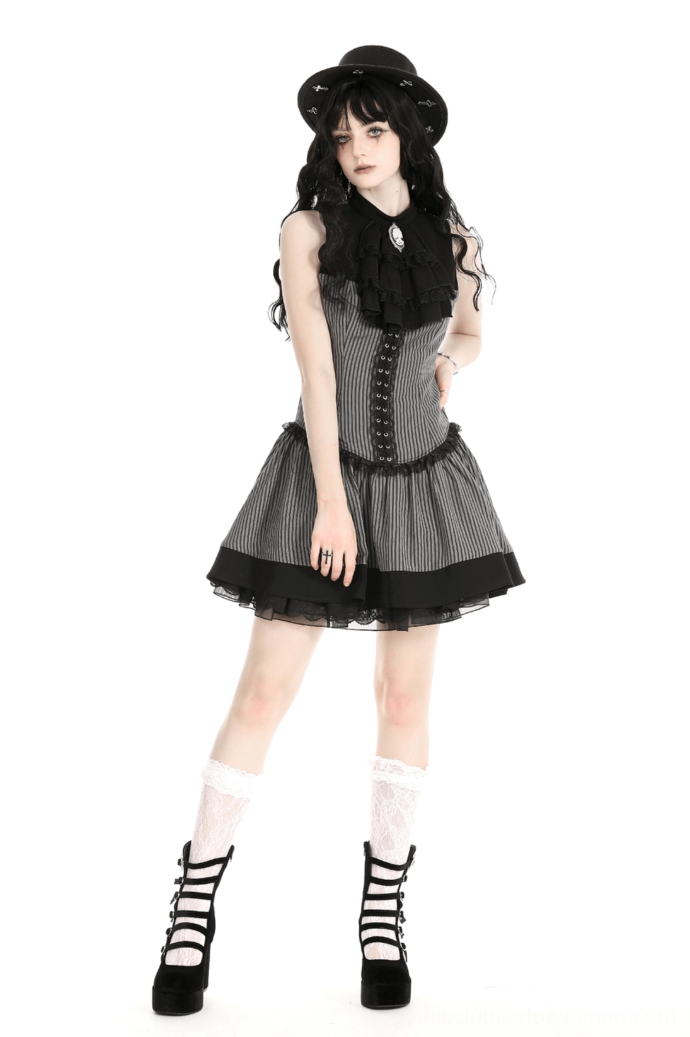 Black gray striped gothic ruffle dress worn with statement accessories showing movement and drape of Tencel fabric
