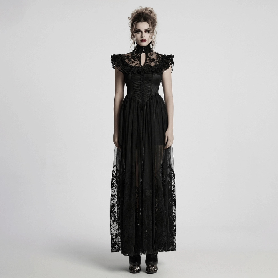 Black gothic mesh dress showing high neck and shoulder design - layered stand collar with rose trim