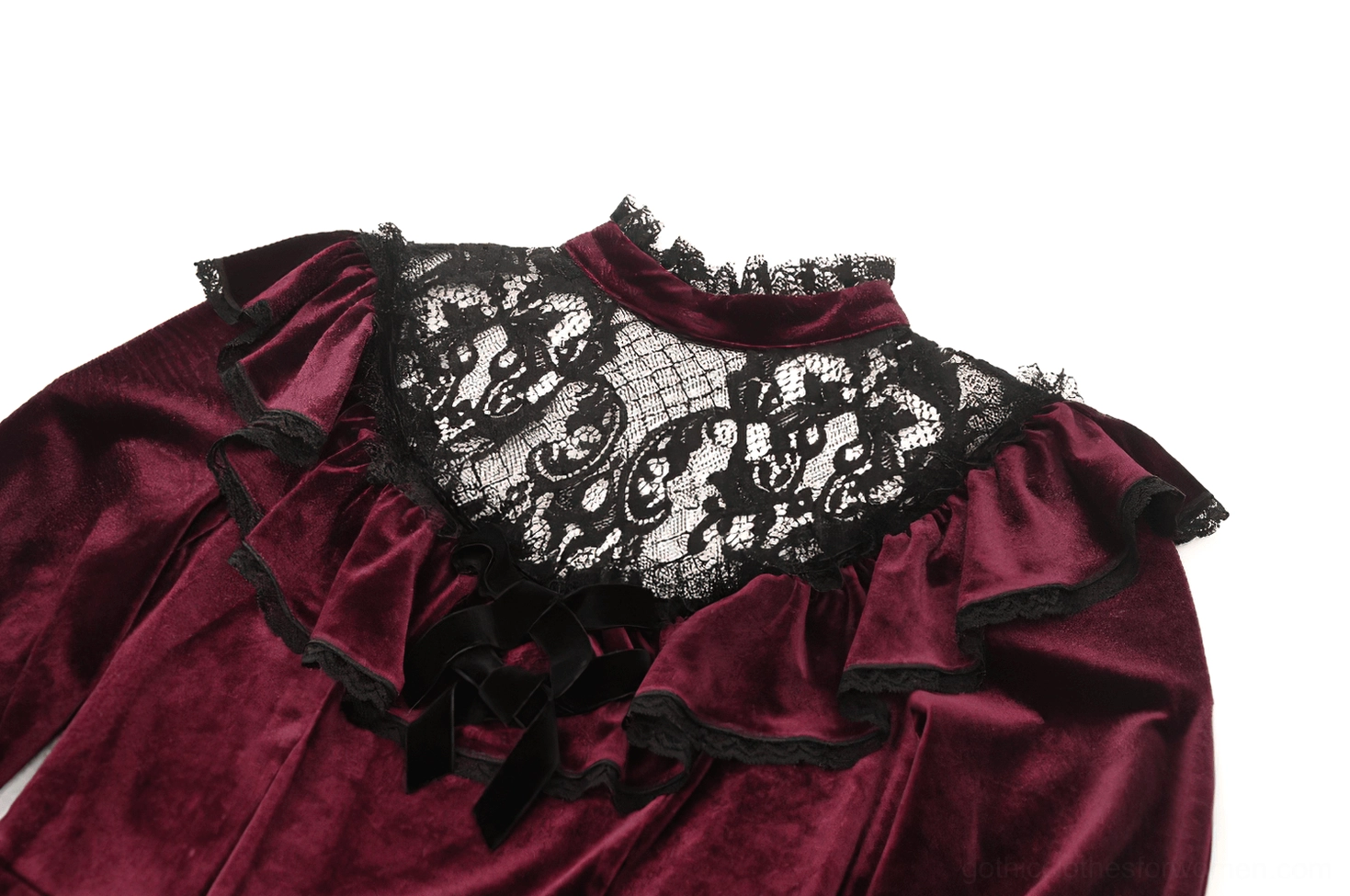 Black floral lace yoke and ruffled velvet neckline detail of gothic mini dress