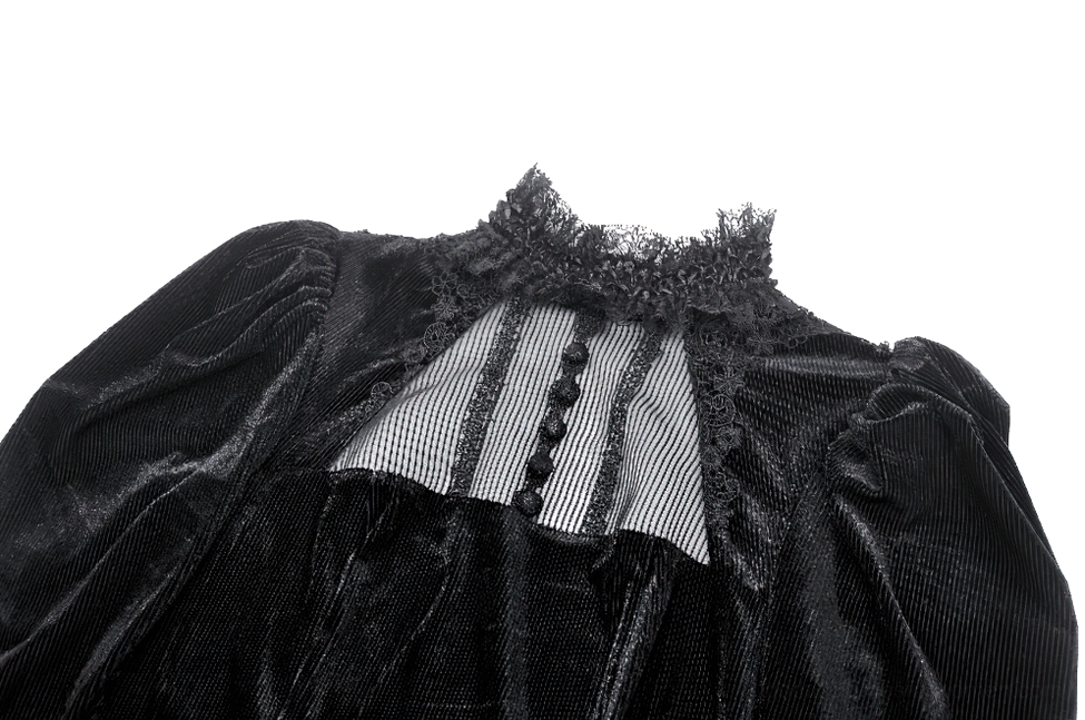 Close-up detail of black velvet gothic dress neckline showing delicate lace collar, sheer bust panel, and front button embellishment trim