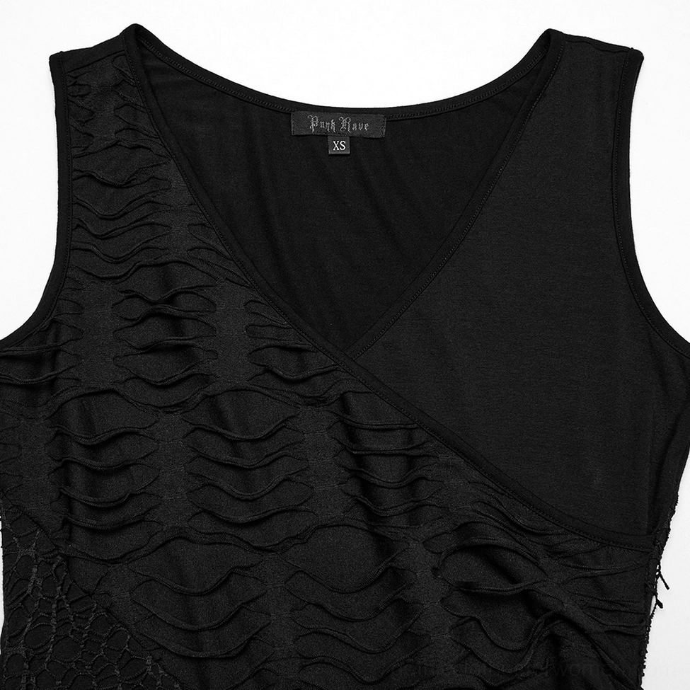Close-up of black gothic dress neckline featuring crossed deep V-neck design with distressed cut-out panels