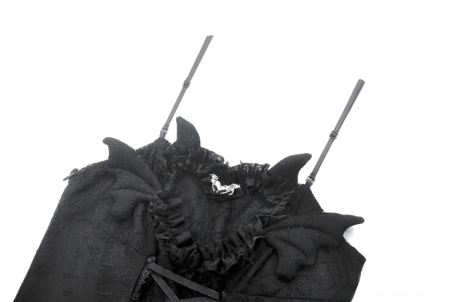 Close-up detail of black gothic dress neckline featuring bat-shaped ruffled trim with heart metal ornament