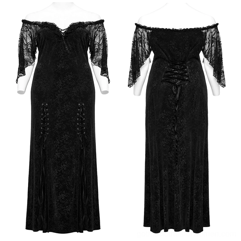 Gothic lace-up velvet dress front neckline detail on mannequin, showcasing off-shoulder design and delicate ruffled lace trim