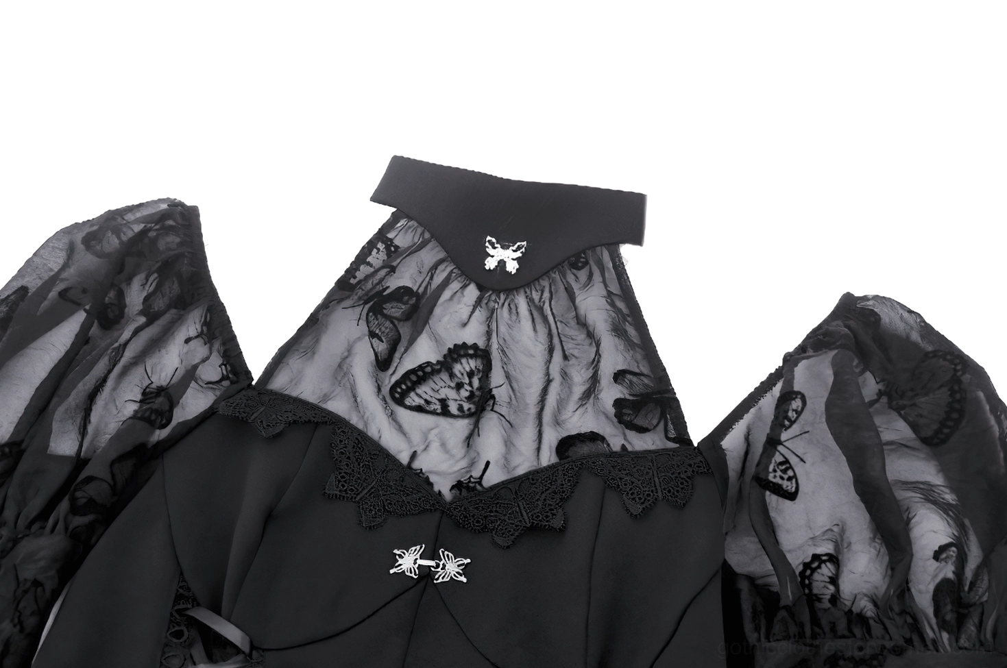 Close-up of black gothic dress neckline showing sheer mesh yoke, lace trim, and metal butterfly fasteners