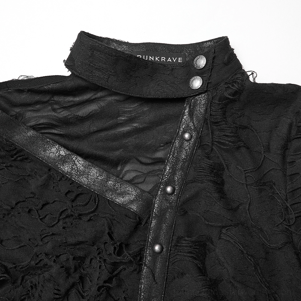 Close-up detail of black gothic dress neckline with metal snap buttons and distressed fabric