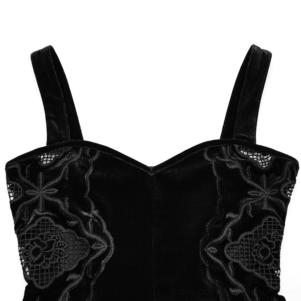 Close-up detail of black gothic dress neckline showing velvet straps and floral lace appliqués on sweetheart neckline