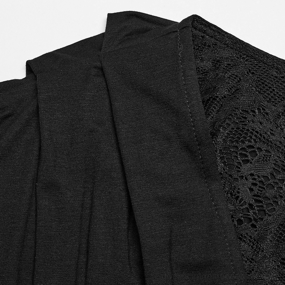 Close-up detail of black gothic dress V-neckline with floral lace overlay and soft knit fabric