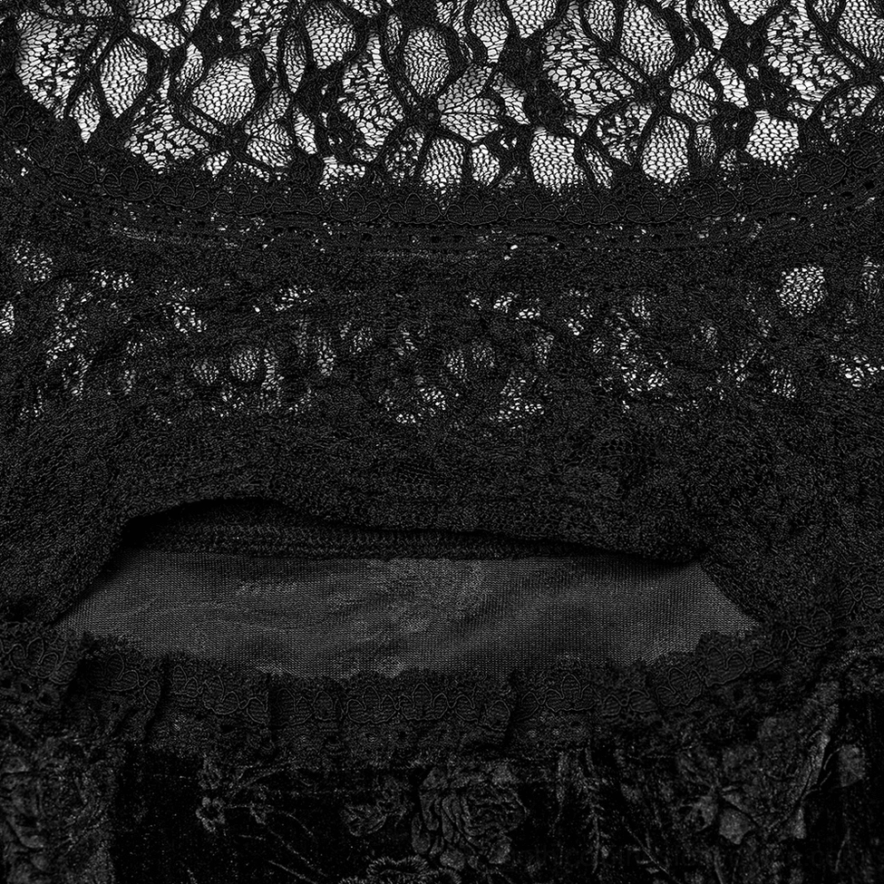 Close-up detail of black velvet rose gothic dress neckline, sheer lace yoke, and ruffled velvet edge trim