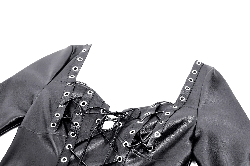 Close-up detail of black faux leather gothic dress neckline with metal grommets and lace-up