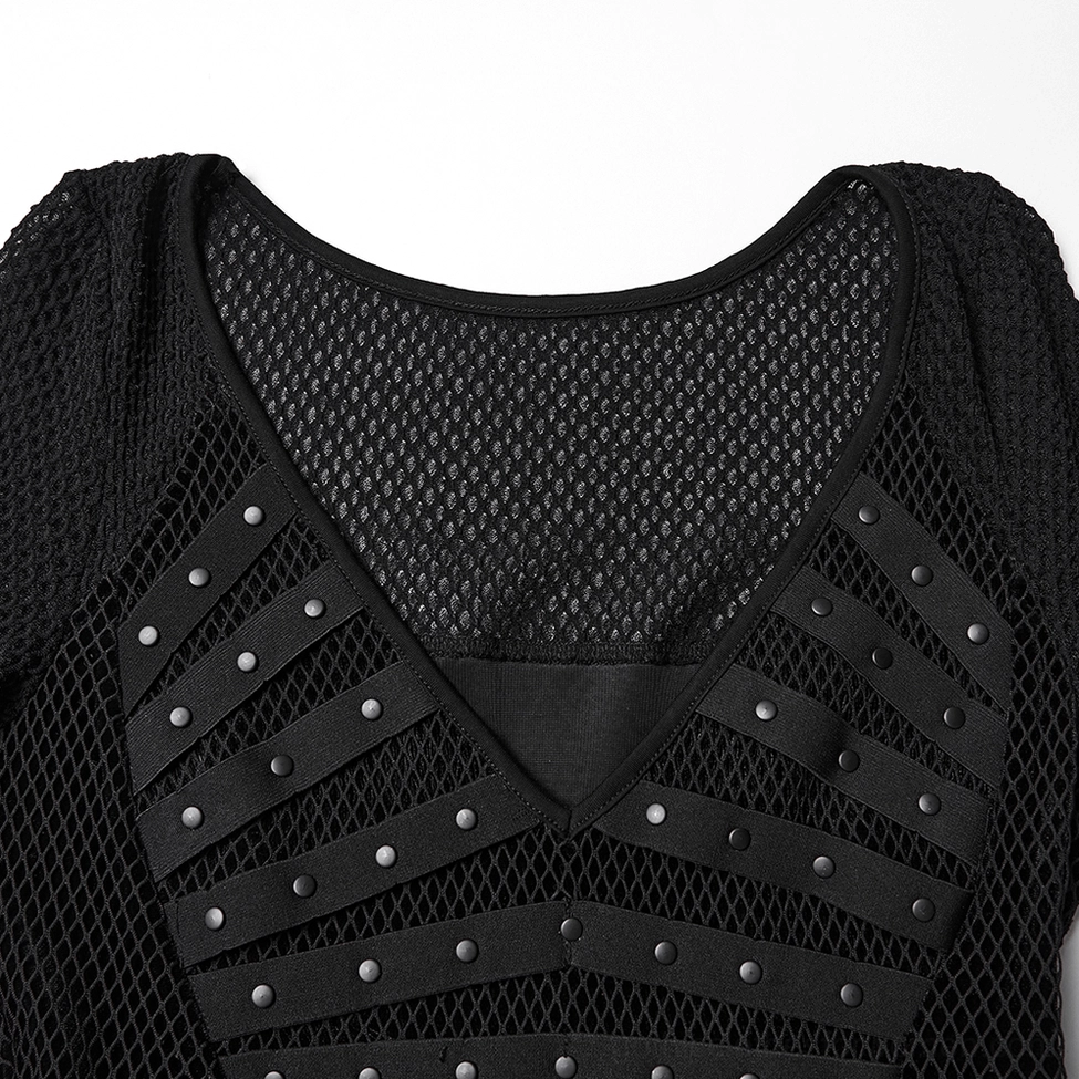 Detailed close-up of gothic dress neckline showing sheer mesh V-neck and rivet strap decorations