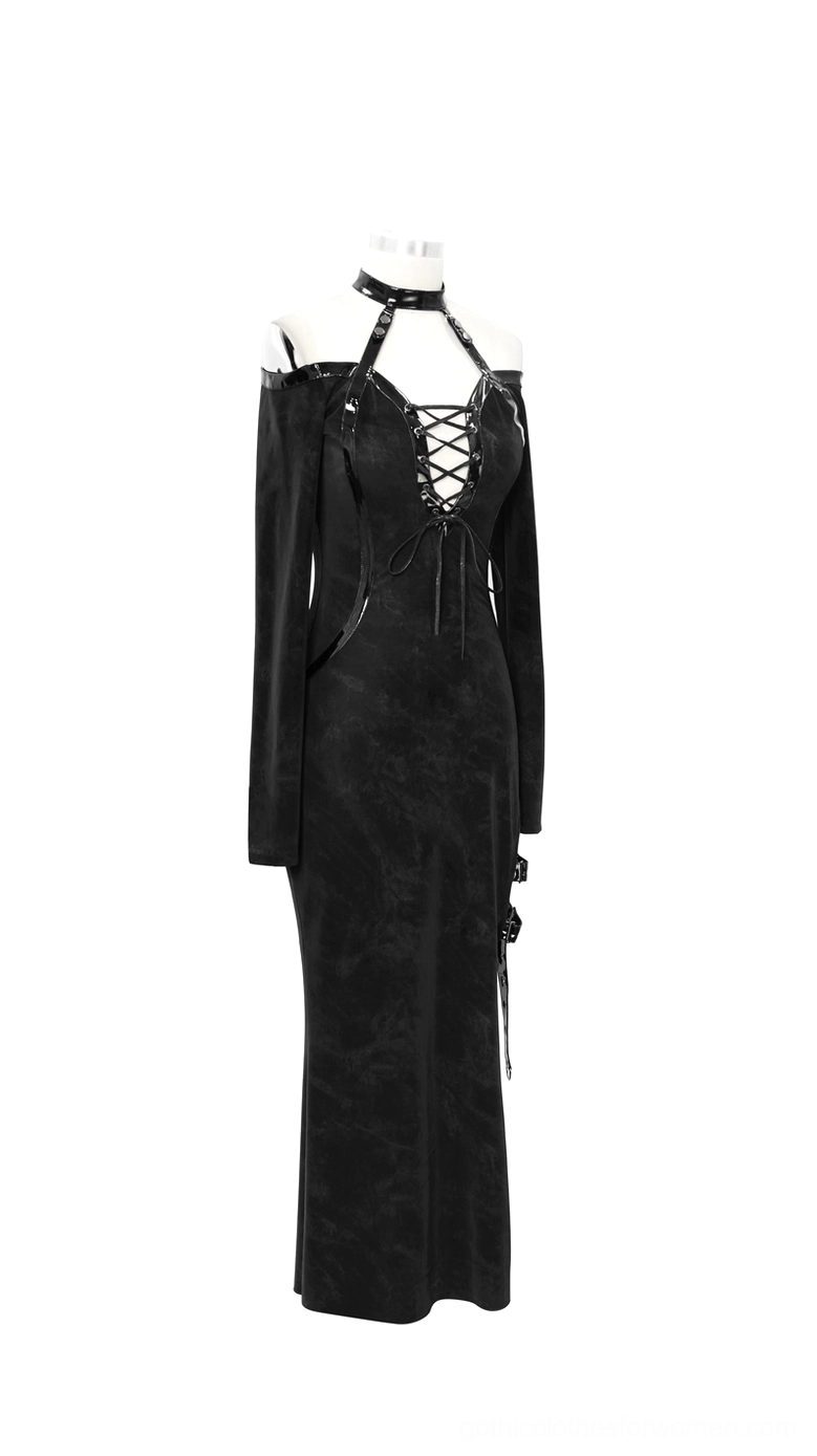 Black gothic maxi dress featuring off-shoulder design, long velvet sleeves, and front lace-up corsage details