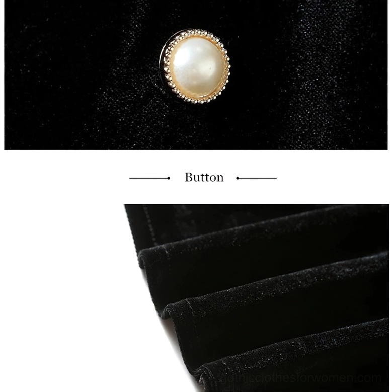 Macro detail of black velvet gothic dress front pearl-inlaid round button on black velvet fabric background